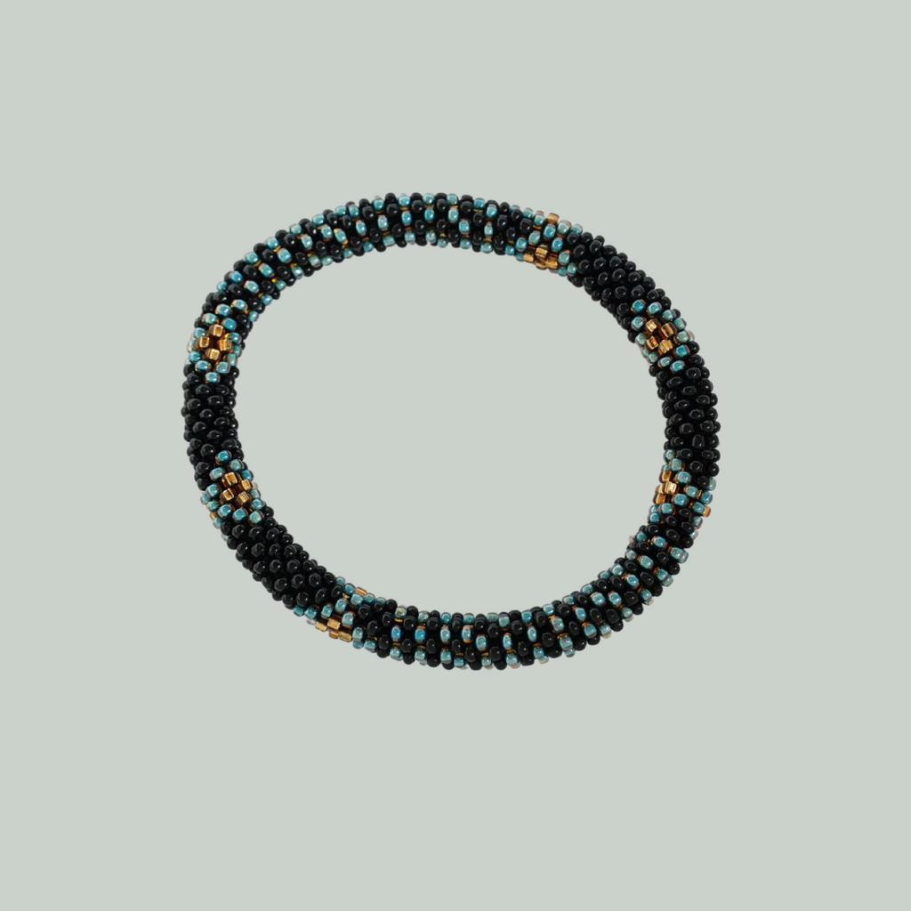 ROLL-ON PERLEARMBÅND - shiny turkis, blank sort med gylden detalje