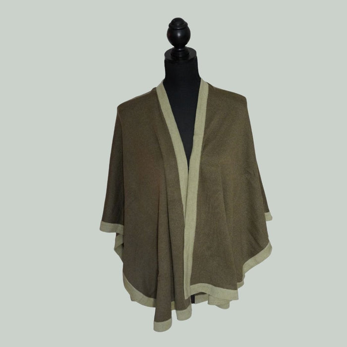 Slå-om-sjal (wrap-shawl) - med cashmere - olivengrøn/brun